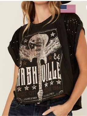 ORIGINALITY WOMEN'S NASHVILLE LACE SHORT SLEEVE GRAPHIC TEE SZ XL FESTIVAL